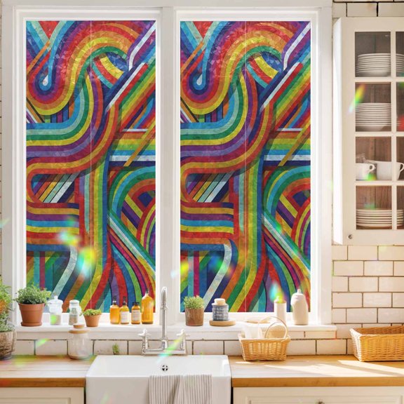 Rainbow Curves Window Privacy Film Abstract Yellow Blue Red Retro Ribbons Stripes Static Cling Stained Glass Window Film Non-Adhesive Decorative Decals Rainbow Sticker 19.6"X39.3"