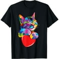 thumbnail image 1 of Rainbow Cute Cat Hugging Valentine Heart Kitty Love Kitten Unisex T-Shirt for Men Women Kids Toddler,Black Color,Size YXL, 1 of 5