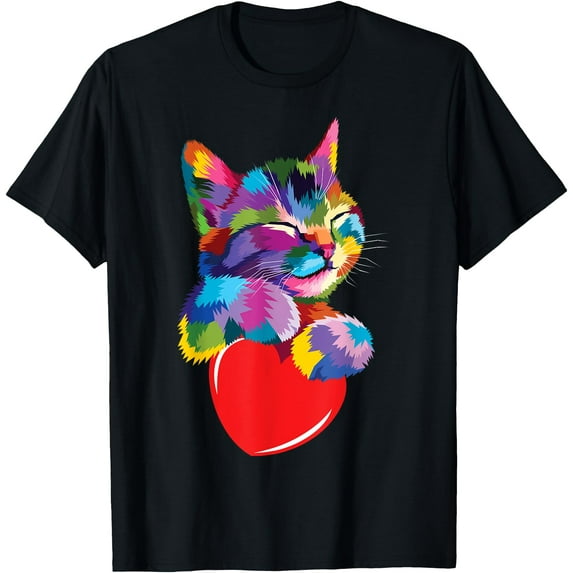 Rainbow Cute Cat Hugging Valentine Heart Kitty Love Kitten Unisex T-Shirt for Men Women Kids Toddler,Black Color,Size YXL