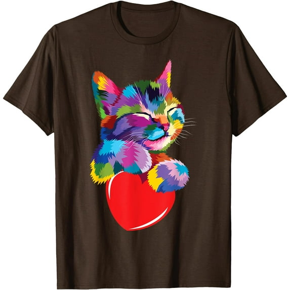 Rainbow Cute Cat Hugging Valentine Heart Kitty Love Kitten Unisex T-Shirt for Men Women Kids Toddler,Dark Chocolate Color,Size 4T