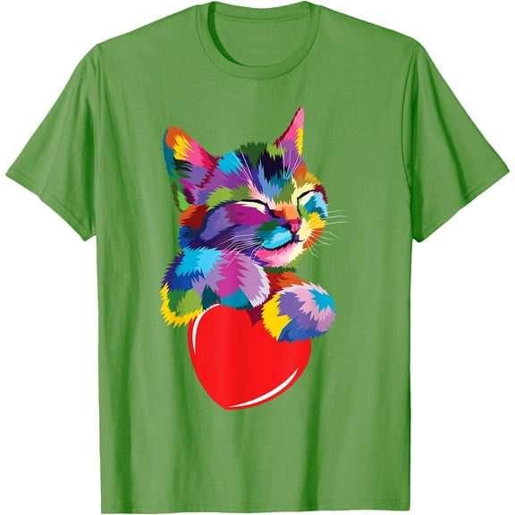 Rainbow Cute Cat Hugging Valentine Heart Kitty Love Kitten Unisex T-Shirt for Men Women Kids Toddler,Lime Color,Size YS