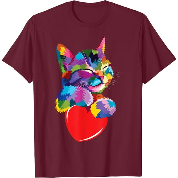 Rainbow Cute Cat Hugging Valentine Heart Kitty Love Kitten Unisex T-Shirt for Men Women Kids Toddler,Maroon Color,Size 4T