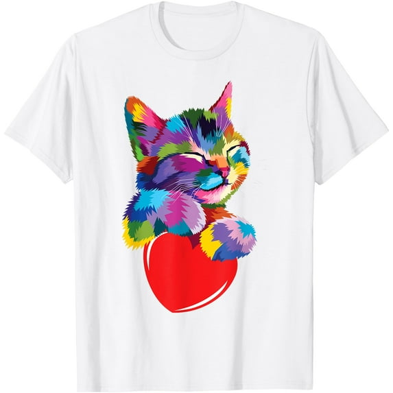 Rainbow Cute Cat Hugging Valentine Heart Kitty Love Kitten Unisex T-Shirt for Men Women Kids Toddler