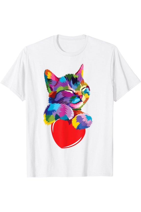 Rainbow Cute Cat Hugging Valentine Heart Kitty Love Kitten Unisex T-Shirt for Men Women Kids Toddler