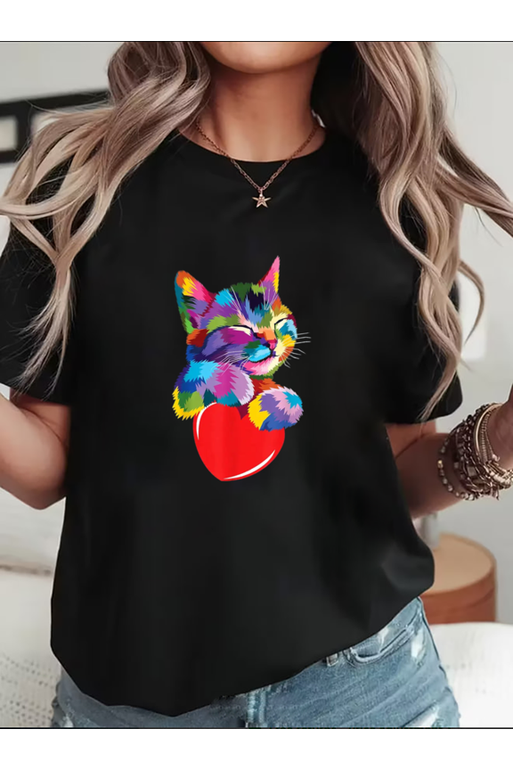 Rainbow Cute Cat Hugging Valentine Heart Kitty Love Pet Unisex T-Shirt, up to Size 5XL