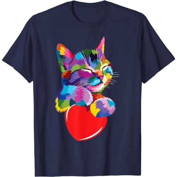 Rainbow Cute Cat Hugging Valentine Heart Kitty Love T-Shirt, Gift For Men Women Cat Lovers, Navy Color, Size 5XL