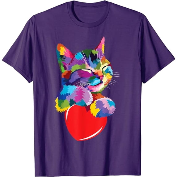 Rainbow Cute Cat Hugging Valentine Heart Kitty Love T-Shirt, Gift For Men Women Cat Lovers, Purple Color, Size XL