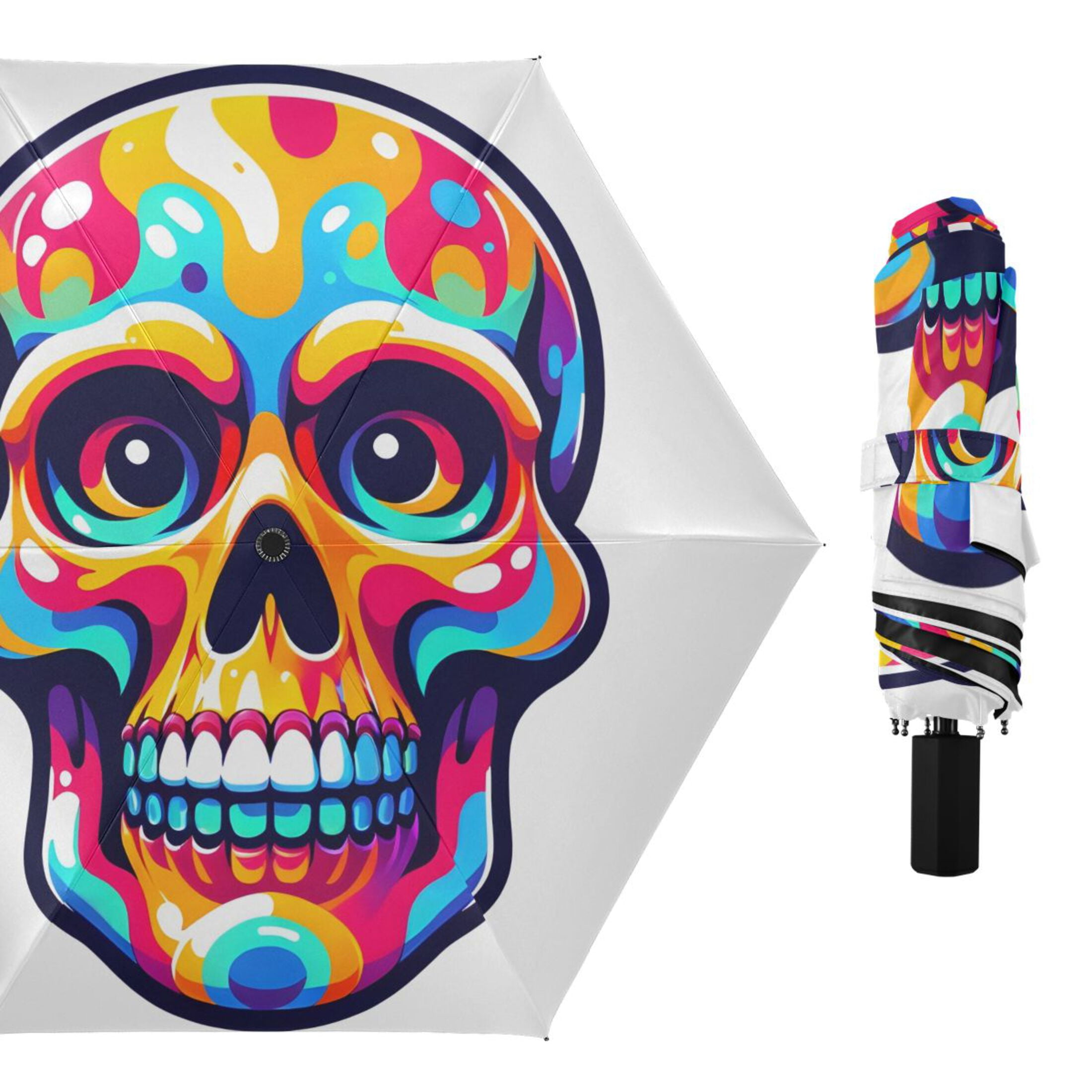 Rainbow Cute Skull Head Compact Sun Umbrella Windproof Travel Umbrellas for Rain Strong Portable UV Protection
