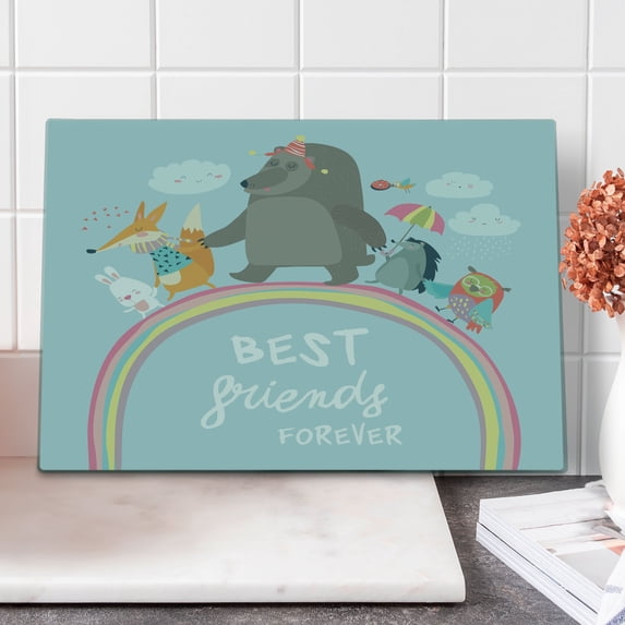 Rainbow Cutting Board, Best Friends Forever Words with Happy Animals Walking on Rainbow Bear Fox Rabbit, Decorative Tempered Glass Cutting and Serving Board, Large Size, Multicolor, by Ambesonne