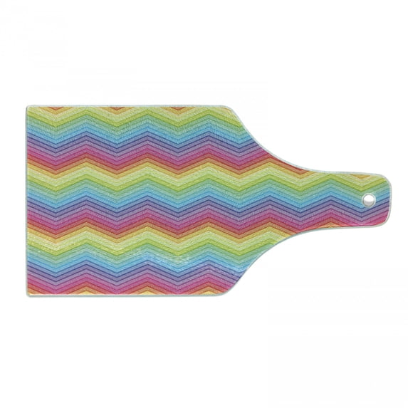 Rainbow Cutting Board, Colorful Zig Zag Chevron Pattern Geometric Modern Sharp Design Illustration, Decorative Tempered Glass Cutting and Serving Board, Wine Bottle Shape, Multicolor, by Ambesonne