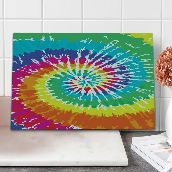 Rainbow Cutting Board, Digital Spiral Vortex Vibrant Rainbow Colored Sixties Ikat Psychedelic Pattern, Decorative Tempered Glass Cutting and Serving Board, Large Size, Multicolor, by Ambesonne