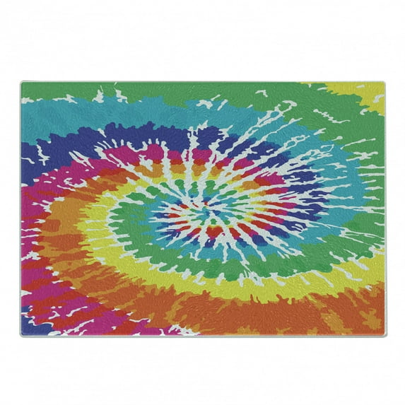 Rainbow Cutting Board, Digital Spiral Vortex Vibrant Rainbow Colored Sixties Ikat Psychedelic Pattern, Decorative Tempered Glass Cutting and Serving Board, Small Size, Multicolor, by Ambesonne