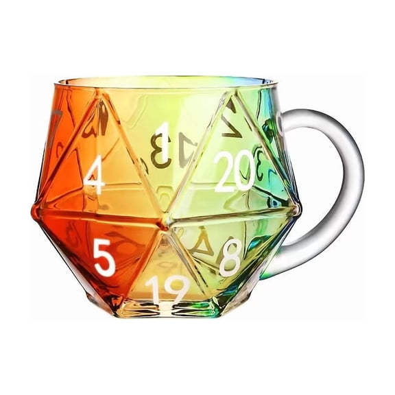 Rainbow D20 Dice Mug - 20-Sided Polyhedral Dice Gaming Mug - Heat Resistant Transparent Glass Cup for RPG Board Games & Football Game Viewing