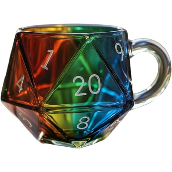 Rainbow D20 Dice Mug, Polyhedral Dice Coffee Cup with Handle, Transparent Glass Game Mug for RPG Lovers, Game Night Mugs Gift for Fantasy Lovers (1pc)