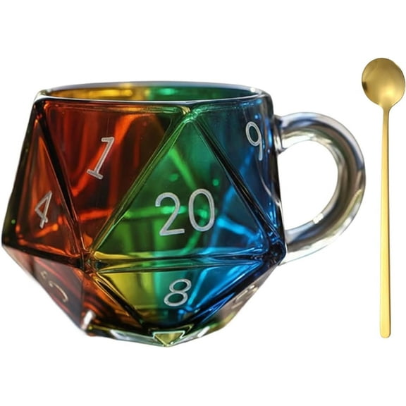 Rainbow D20 Dice Mug, Polyhedral Dice Coffee Cup with Handle, Game Mug for RPG Lovers, Game Night Mugs Gift for Fantasy Lovers