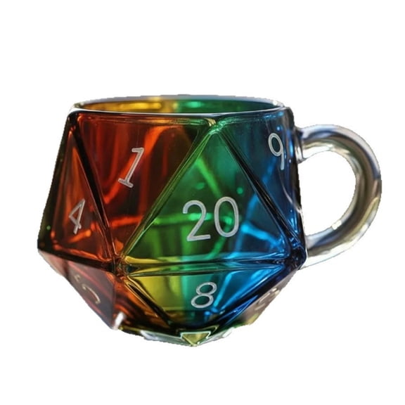 Rainbow D20 Dices Design Glass Cup Geometric Multicolored Heat Resistant For Hot Beverages Ergonomic Handle Gaming Enthusiasts