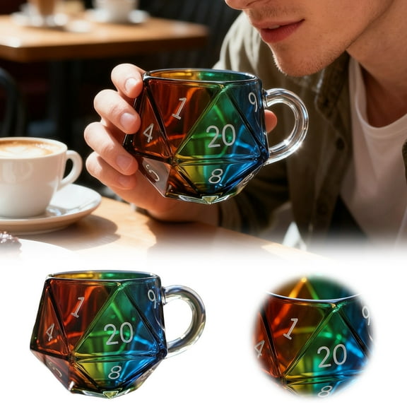 Rainbow D20 Polyhedral Dice Mug - Glass Coffee Cup for RPG Gamers, Unique Tabletop Gaming Gift