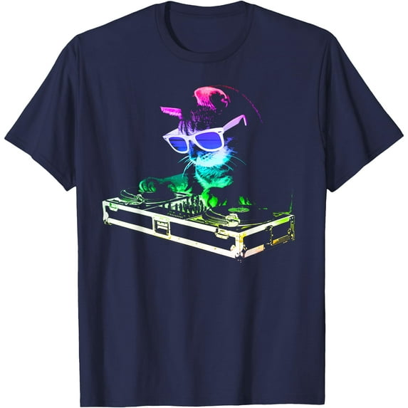 Rainbow DJ Cat Kitty Party Kitten Cool Unisex T-Shirt for Men Women Kids Toddler,Navy Color,Size 4XL
