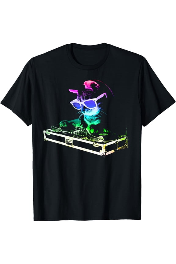 Rainbow DJ Cat Kitty Party Kitten Cool Unisex T-Shirt for Men Women Kids Toddler
