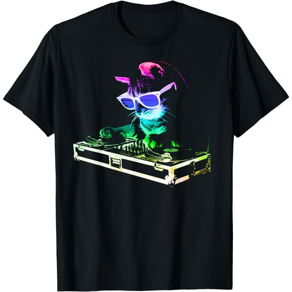 Rainbow DJ Cat Kitty Party Kitten Cool Unisex T-Shirt for Men Women Kids Toddler