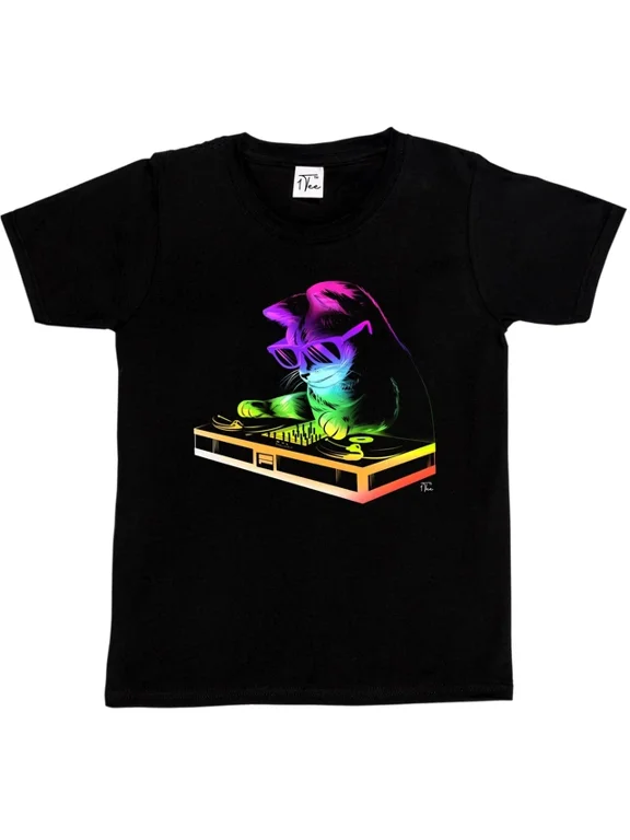 Rainbow DJ Cat Spinning Music Party Graphic Gift Design Style T-Shirt