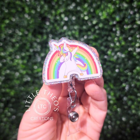 Rainbow Dabbing Unicorn Badge Reel, Interchangeable Topper