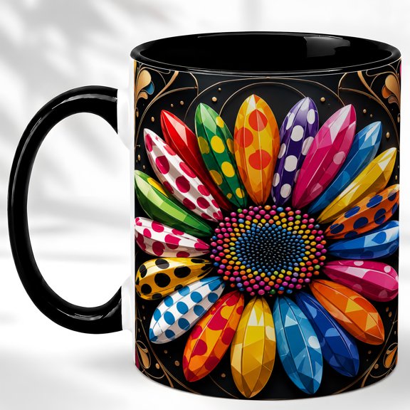 Rainbow Daisy Coffee Mug, Polka Dot Flower Mug, Ceramic 11 oz