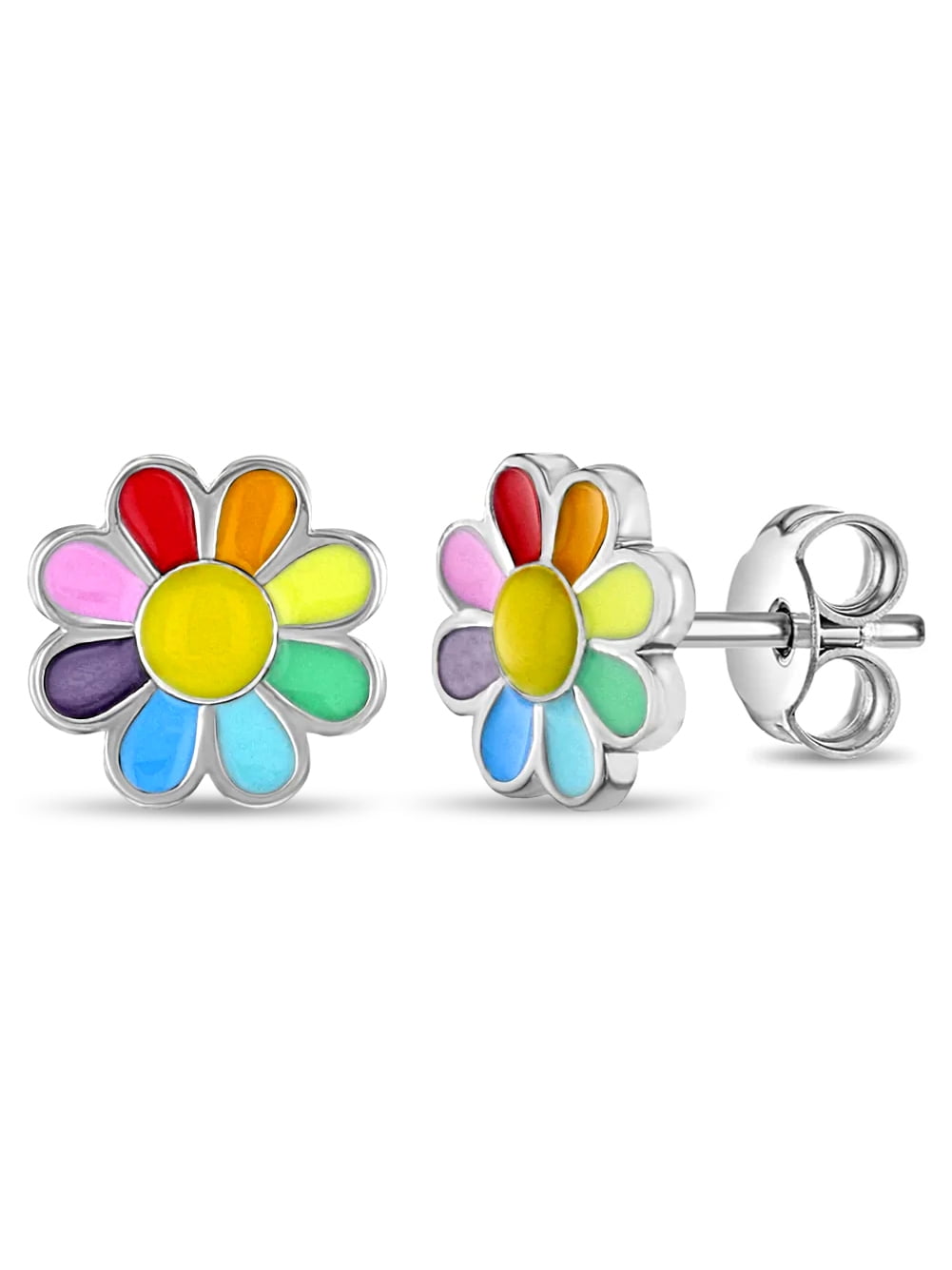 Rainbow Daisy Kids / Children's / Girls Earrings Enamel - Sterling Silver