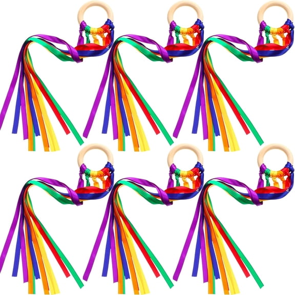 Rainbow Dance Streamers, 6PCS Baby Wooden Toys, Vivid Colors Sensory Streamers for Motor Skills, Colorful Satin Ribbons, Rhythm Wands for Kids, Party Favors(RL)