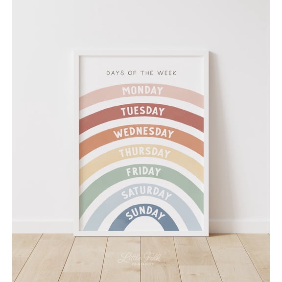 Rainbow Days Of The Week Educational Wall Art Homeschool Classroom Decor Poster Poster, Unframed Size 8x12