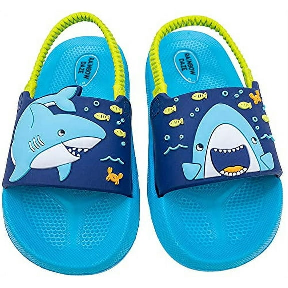 Rainbow Daze Boy's Slide Sandal, Shark Molded Slides With Elastic Back Strap, Toddler Size 9-10, Blue