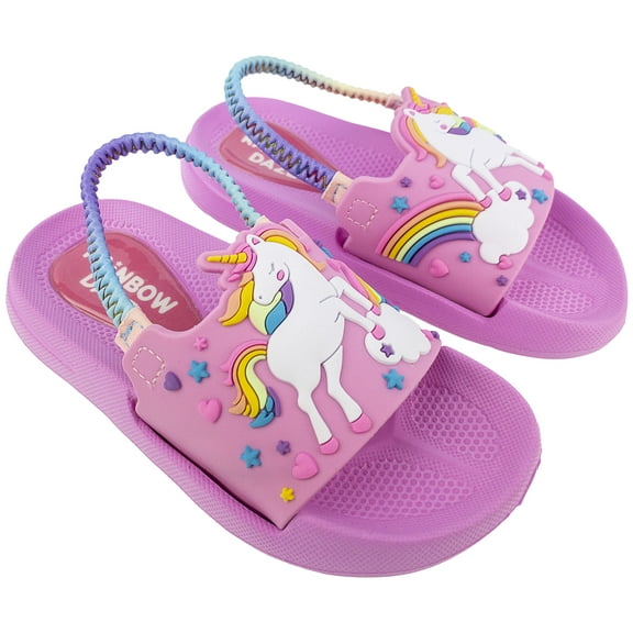 Rainbow Daze Girls Slide Sandal, Unicorn Molded Slides With Elastic Back Strap, Toddler Size 5-6, Pink