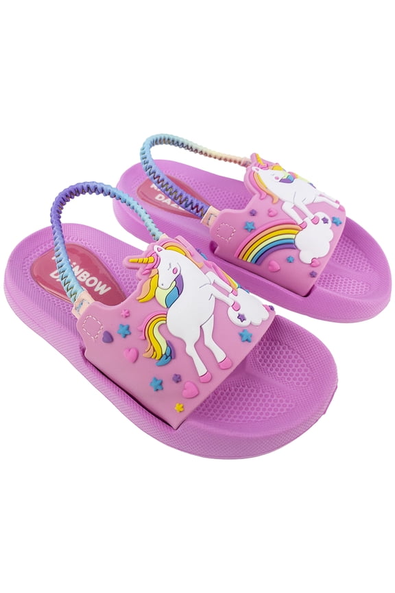 Girls Slide Sandal, Unicorn Molded Slides With Elastic Back Strap, Toddler Size 7-8, Pink