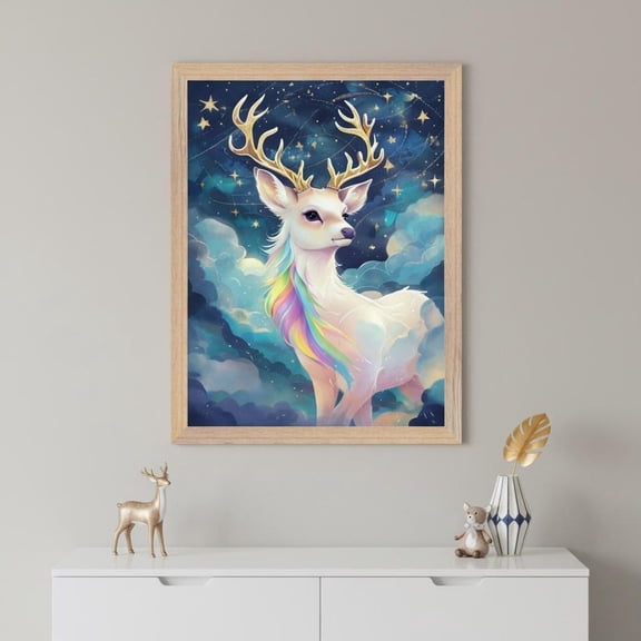 Rainbow Deer Magical Forest Wall Art Starry Sky Nursery Decor Fantasy White Unframed Paper Poster 24x36in