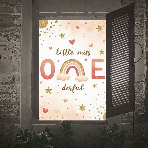 Rainbow Design First Birthday Banner Pink Gold Color One Year Old Backdrop Glitter Stars Heart Pattern Little Miss Party Background for First Birthday Party Baby Girl Party Photo Shoot Background