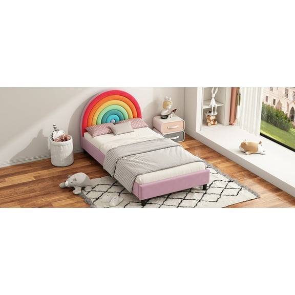 Rainbow Design Upholstered Twin Platform Bed Cute Style Princess Bed for Boys & Girls, Teens, Colorful & Pink