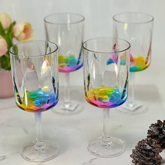 Rainbow Diamond Acrylic Wine Glasses Set of 4 16oz BPA Free Unbreakable Stemmed Wine Glasses Indoor Outdoor Use