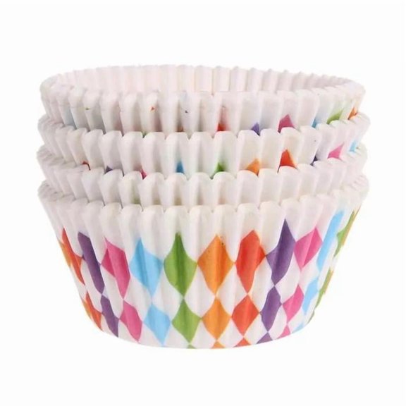 Rainbow Diamond Print Cupcake Liners (25pcs, Standard Size) Grease Resistant Cake Liners for Baking, Caking and Crafting by Bakell