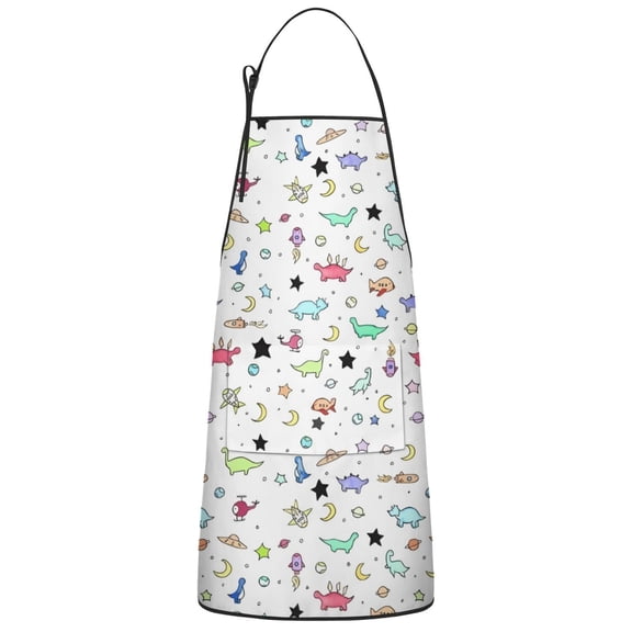 Rainbow Dinosaurs Rockets Pattern Apron-Garden Aprons for Women with Pockets-Cotton Linen Waterproof Kitchen Cooking Gardening Aprons Adjustable for Kitchen,Cooking,BBQ and Salon 33x27 Inch