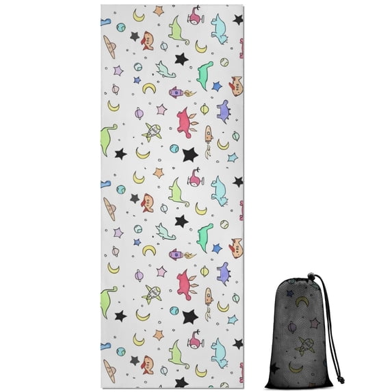 Rainbow Dinosaurs Rockets Pattern Hot Yoga Mat Towel Non Slip for Hot Yoga - Quick-Drying Yoga Mat Cover with 4 Corner Pockets with Travel Bag - Hot Yoga Towel Non Slip 70"x26"