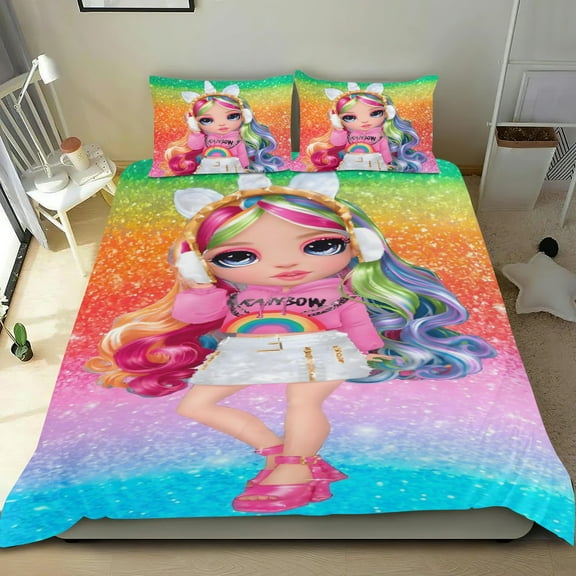 Rainbow Doll Themed Bed Sheet Set Three Piece Set 53x79 Inches Comfortable And Skin Friendly Unique Design Creating A Star Studded Night