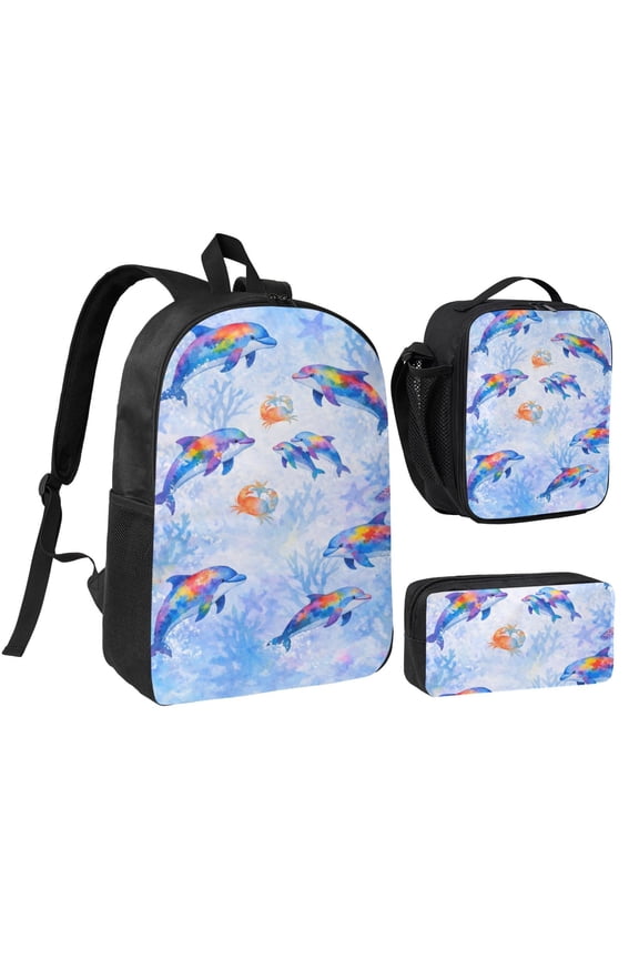 Rainbow Dolphin Ocean Backpack Set 3pc ,Backpack with Lunch Bag and Bag 17 Inch