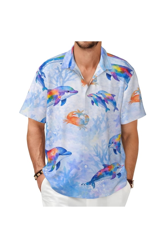 Rainbow Dolphin Ocean Men'S Short-Sleeved Shirts with All-Over Prints for Indoor and Outdoor Wear