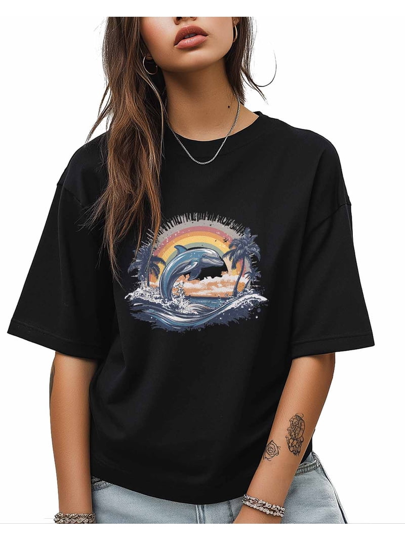 トップス rainbowfam Pablo Shirts - Short Black Rainbow Dolphin T Shirts for Women Short Sleeve Cotton Crewneck T