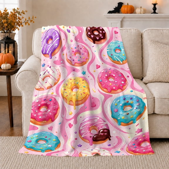 Rainbow Donuts with Hearts on Pink, Energetic Bakery Style for Dessert Lovers, Colorful Icing Pastry Pattern and Birthday Gift, Cozy Flannel Blanket for Game Room and Bedroom, Home Decor