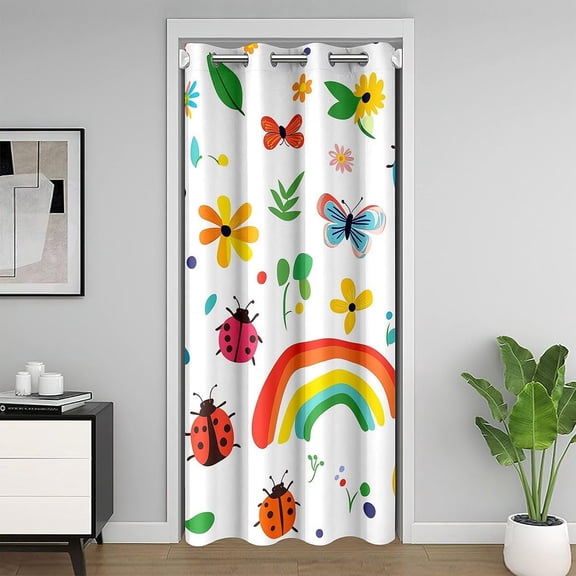 Rainbow Door Curtain ( 1 Panel ),Cartoon Ladybugs Doorway Privacy Curtain for Kids Boys Teens Cute Floral Leaves Closet Door Curtains Colorful Animals Plants Bedroom Kitchen Decor,52"Wx80"L