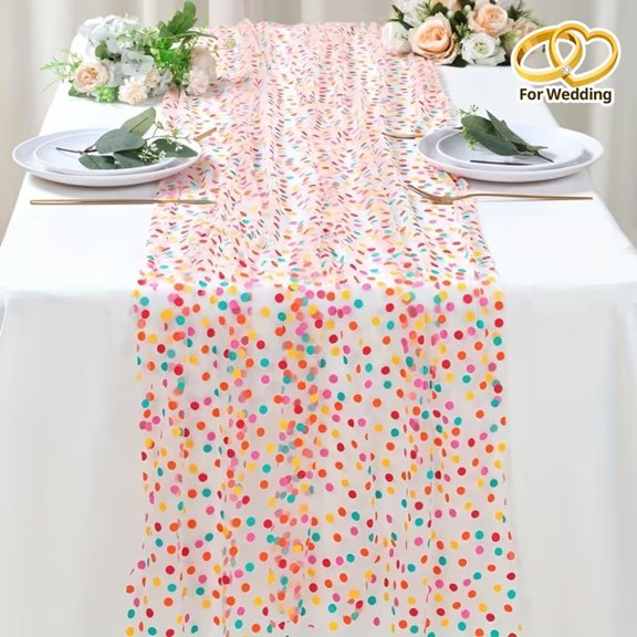 Rainbow Dots Tulle Mesh Table Runner - 180x75cm - White Polyester Table Cover for Birthday, Wedding, Baby Shower Decorations