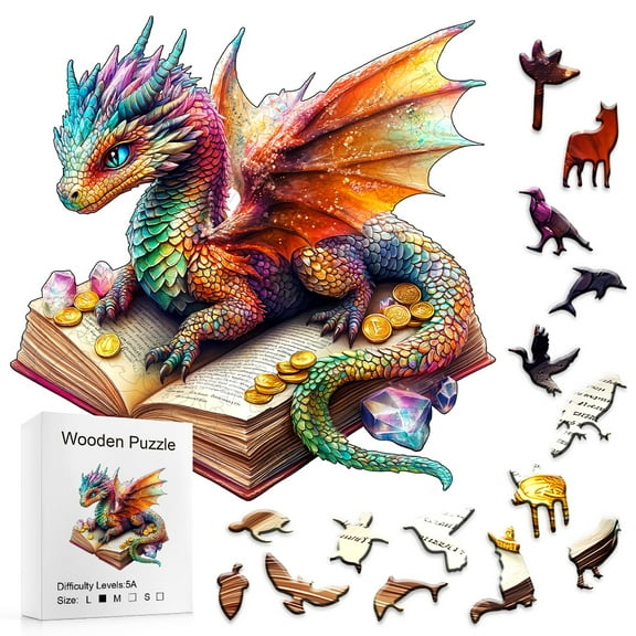Rainbow Dragon Book Wooden Puzzle - 3 Sizes (S/M/L), Unique Shape Pieces, Eco-Friendly, Precision Laser Cut (Difficulty 5A)