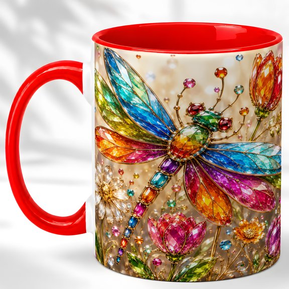 Rainbow Dragonfly Coffee Mug, Floral Insect Mug, Ceramic 11 oz