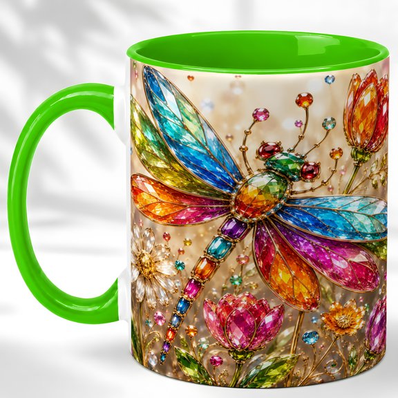 Rainbow Dragonfly Coffee Mug, Floral Insect Mug, Ceramic 11 oz